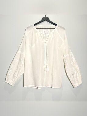 CINO Gauze Ivory Long Sleeve Blouse Top Embriodery Tassel Boho Peasant Sz Small